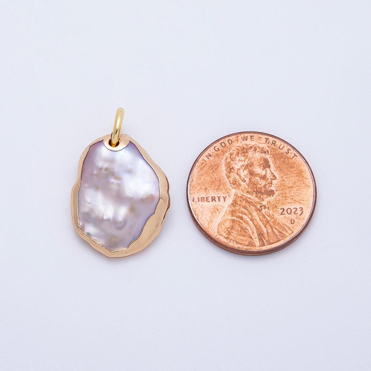 Freeform Baroque Coin Pearl Pendant Necklace 18k Gold Plated Edges White Pearl Charms-641