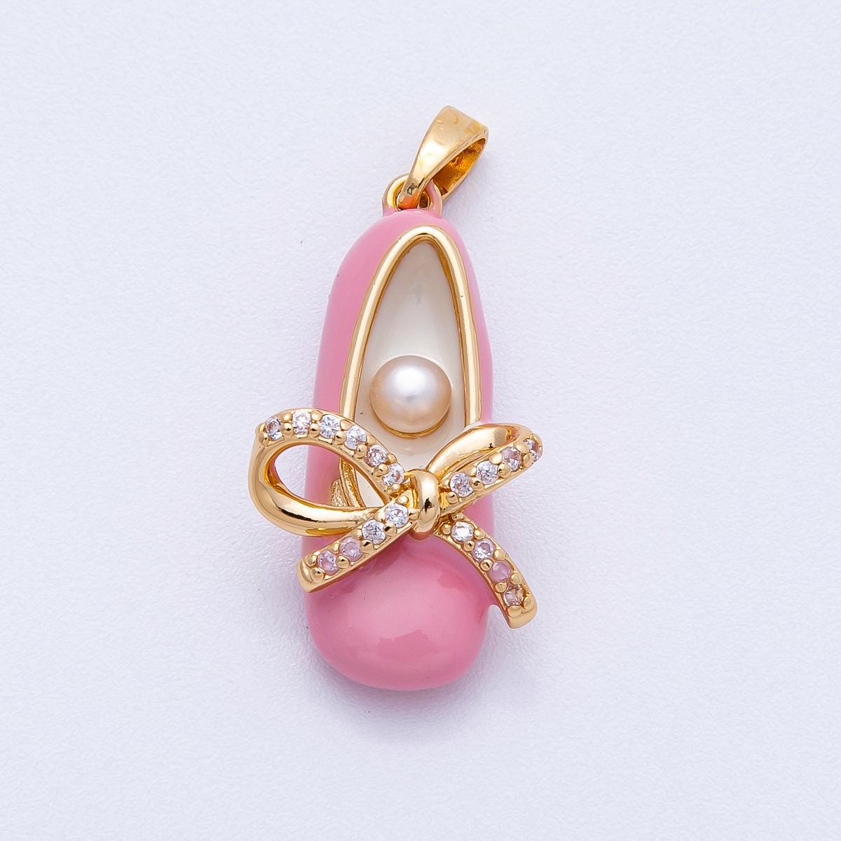 18K Gold Filled 27mm Blue, Pink Shell Pearl Micro Paved Coquette Bow Ballerina Flat Shoes Multidimensional Enamel Pendant | CHARMS-00465