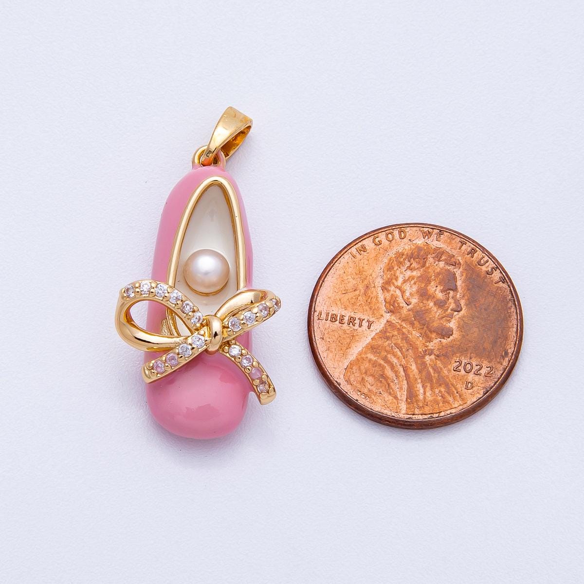 18K Gold Filled 27mm Blue, Pink Shell Pearl Micro Paved Coquette Bow Ballerina Flat Shoes Multidimensional Enamel Pendant | CHARMS-00465
