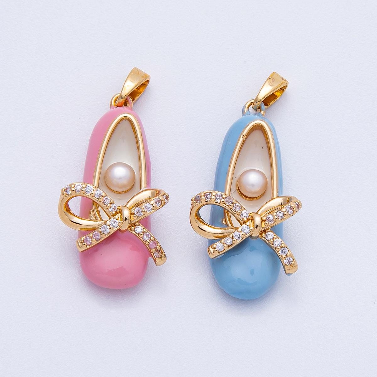 18K Gold Filled 27mm Blue, Pink Shell Pearl Micro Paved Coquette Bow Ballerina Flat Shoes Multidimensional Enamel Pendant | CHARMS-00465