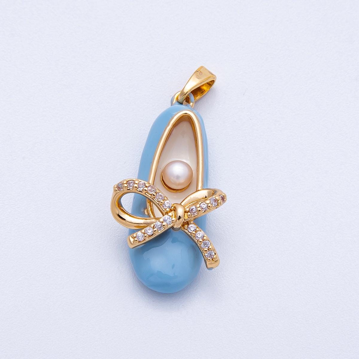 18K Gold Filled 27mm Blue, Pink Shell Pearl Micro Paved Coquette Bow Ballerina Flat Shoes Multidimensional Enamel Pendant | CHARMS-00465