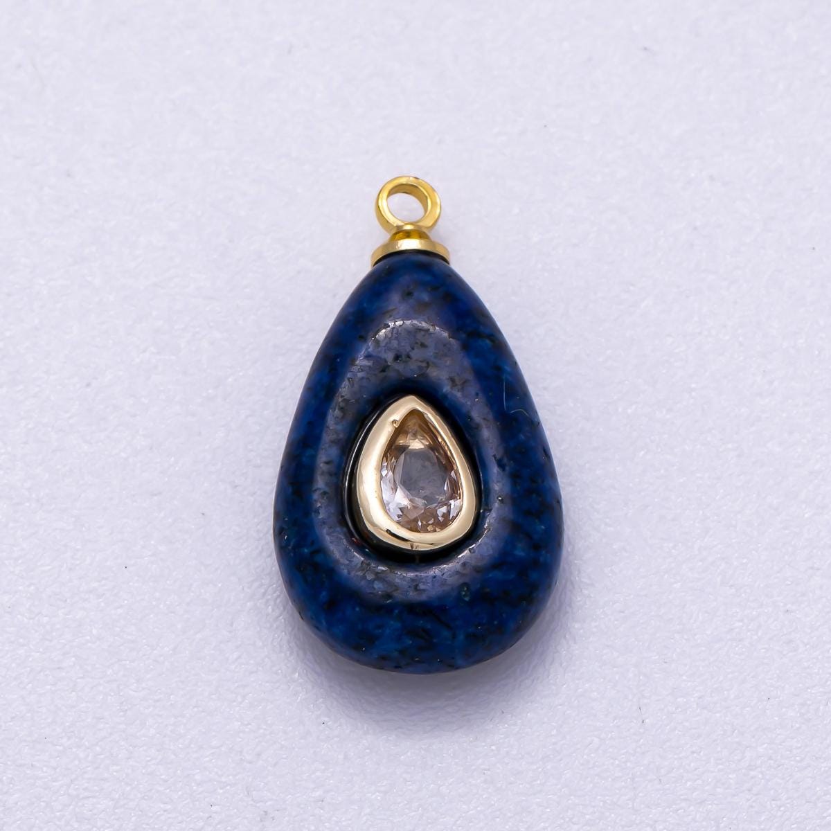 16K Gold Filled 18mm Clear CZ Embedded Blue Lapis Lazuli Teardrop Charm Gemstone Healing Crystal Necklace for Her diy supply | Charms-00579