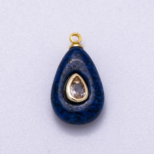 16K Gold Filled 18mm Clear CZ Embedded Blue Lapis Lazuli Teardrop Charm Gemstone Healing Crystal Necklace for Her diy supply | Charms-00579