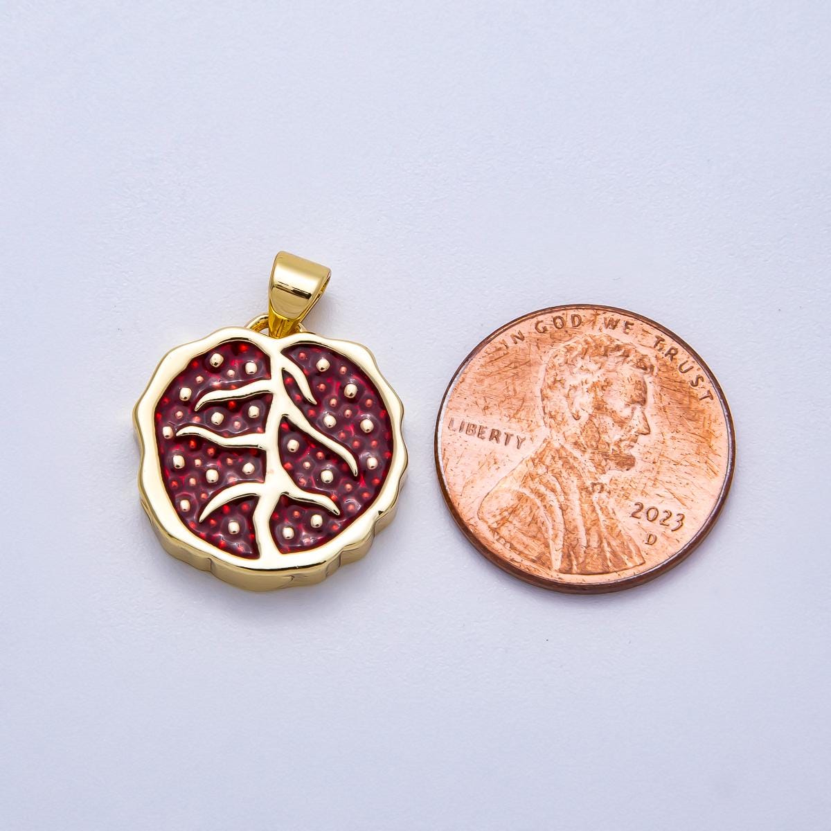 16K Gold Filled 18mm Red Enamel Pomegranate Fruit Pendant Slice Charm statement Jewelry Minimalist boho diy supply | Charms-00620