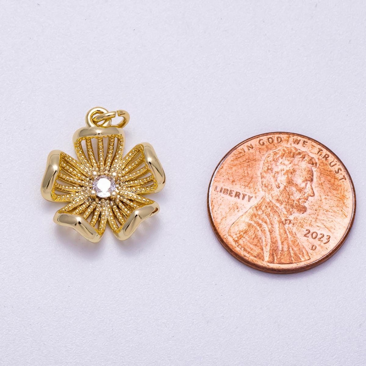 16K Gold Filled 17mm Micro Paved CZ Dotted Blooming Flower Charm spring floral jewelry diy supply custom necklace | Charms-00630