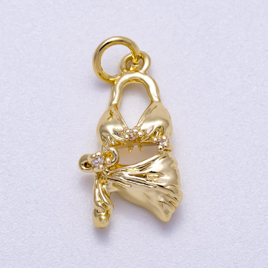 16K Gold Filled 19mm Clear CZ Summer Beach Bikini 3D Multidimensional Charm Tropical Swimsuit Pendant with CZ travel gift | Charms-00631