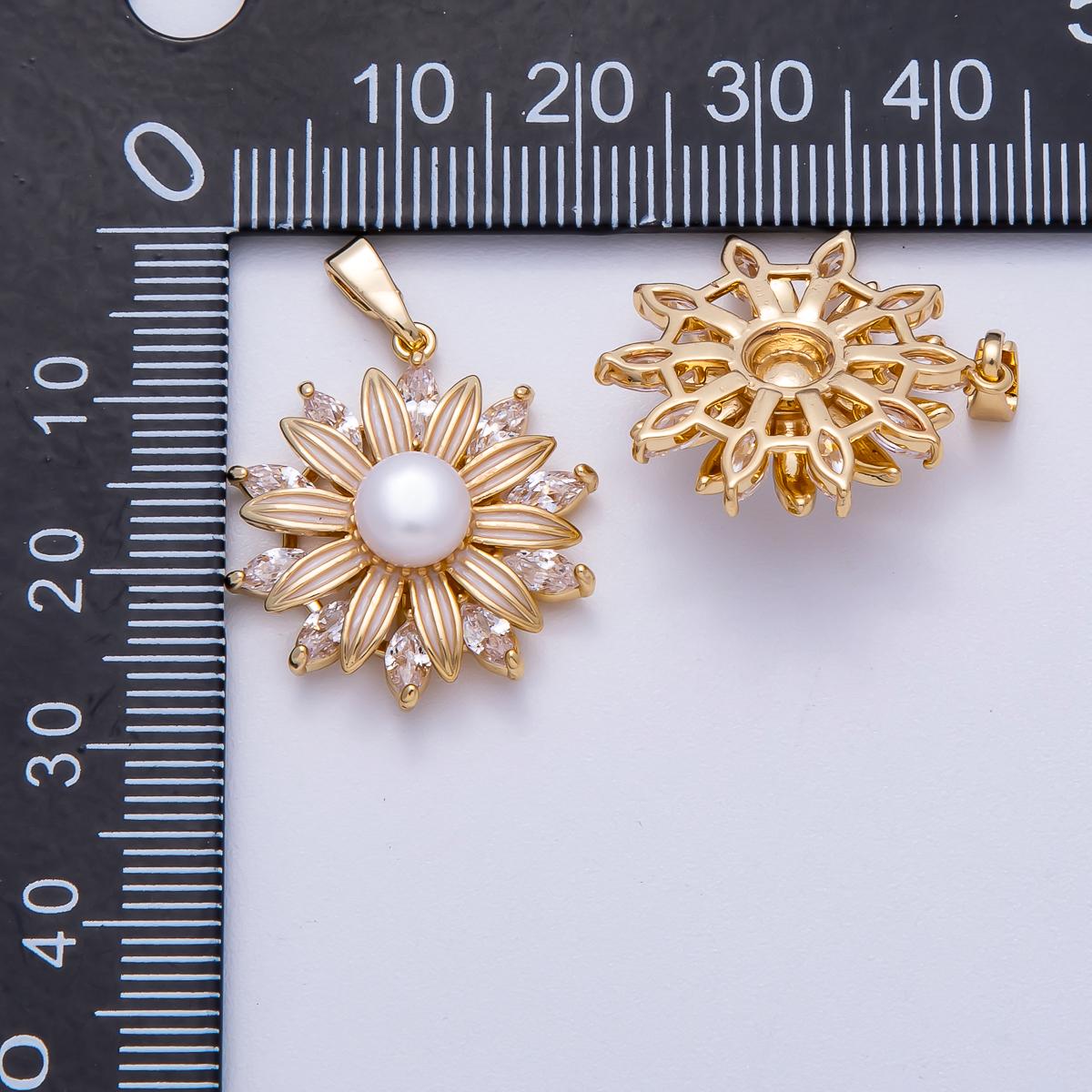 18K Gold Filled 23mm Shell Pearl Marquise CZ Blooming Flower Pendant Sunburst Floral Charm Custom Necklace and Bracelet her | Charms-00639