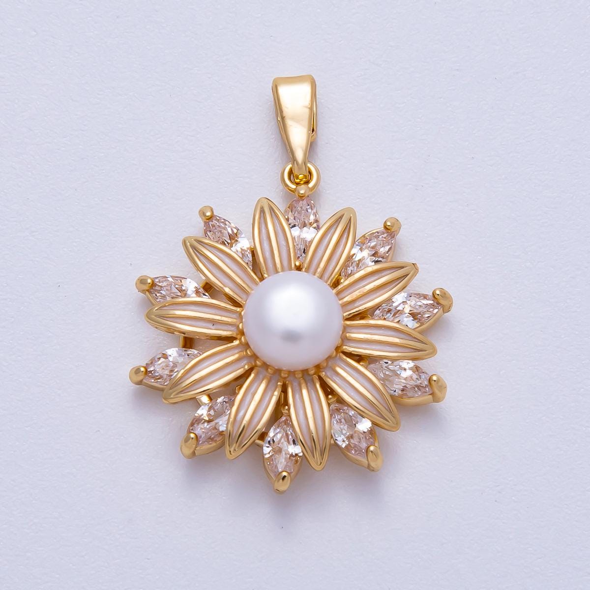 18K Gold Filled 23mm Shell Pearl Marquise CZ Blooming Flower Pendant Sunburst Floral Charm Custom Necklace and Bracelet her | Charms-00639