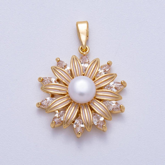 18K Gold Filled 23mm Shell Pearl Marquise CZ Blooming Flower Pendant Sunburst Floral Charm Custom Necklace and Bracelet her | Charms-00639