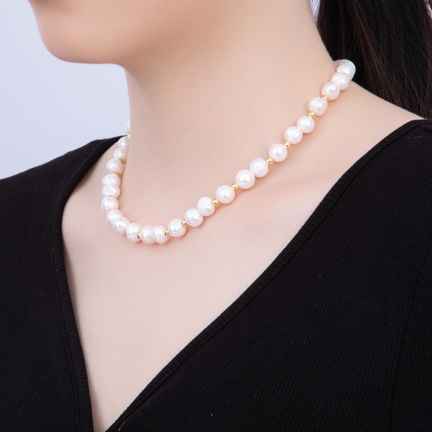 Handmade Baroque Freshwater Pearl Necklace with Gold Beads, Elegant Minimalist Pearl Dainty Luxury Gift for Mothers Day Women WA-4301