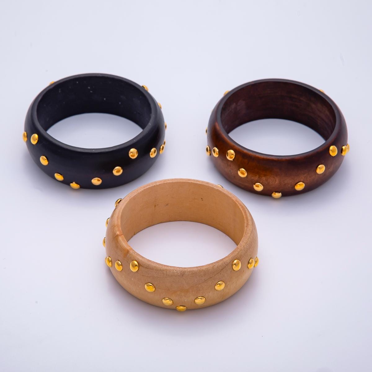 Bold Wood Bangle Bracelet Gold Studded Earth Tones Statement Jewelry WA-4319