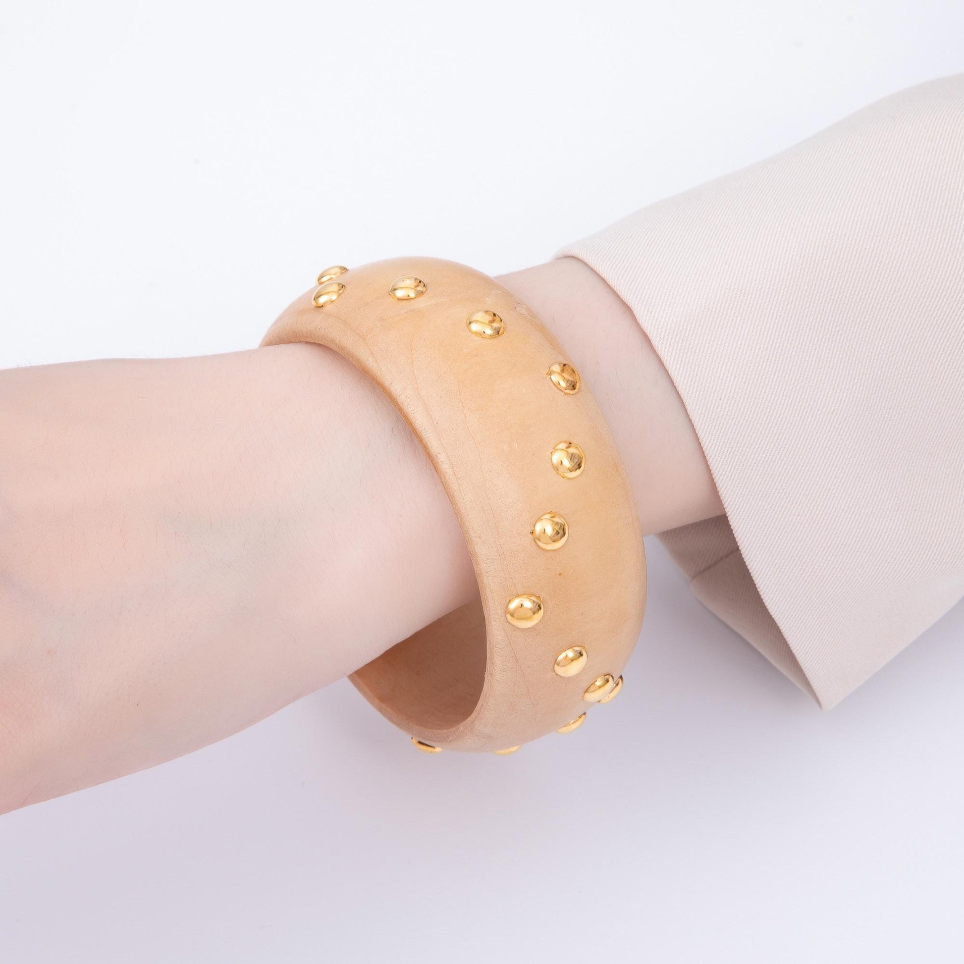 Bold Wood Bangle Bracelet Gold Studded Earth Tones Statement Jewelry WA-4319