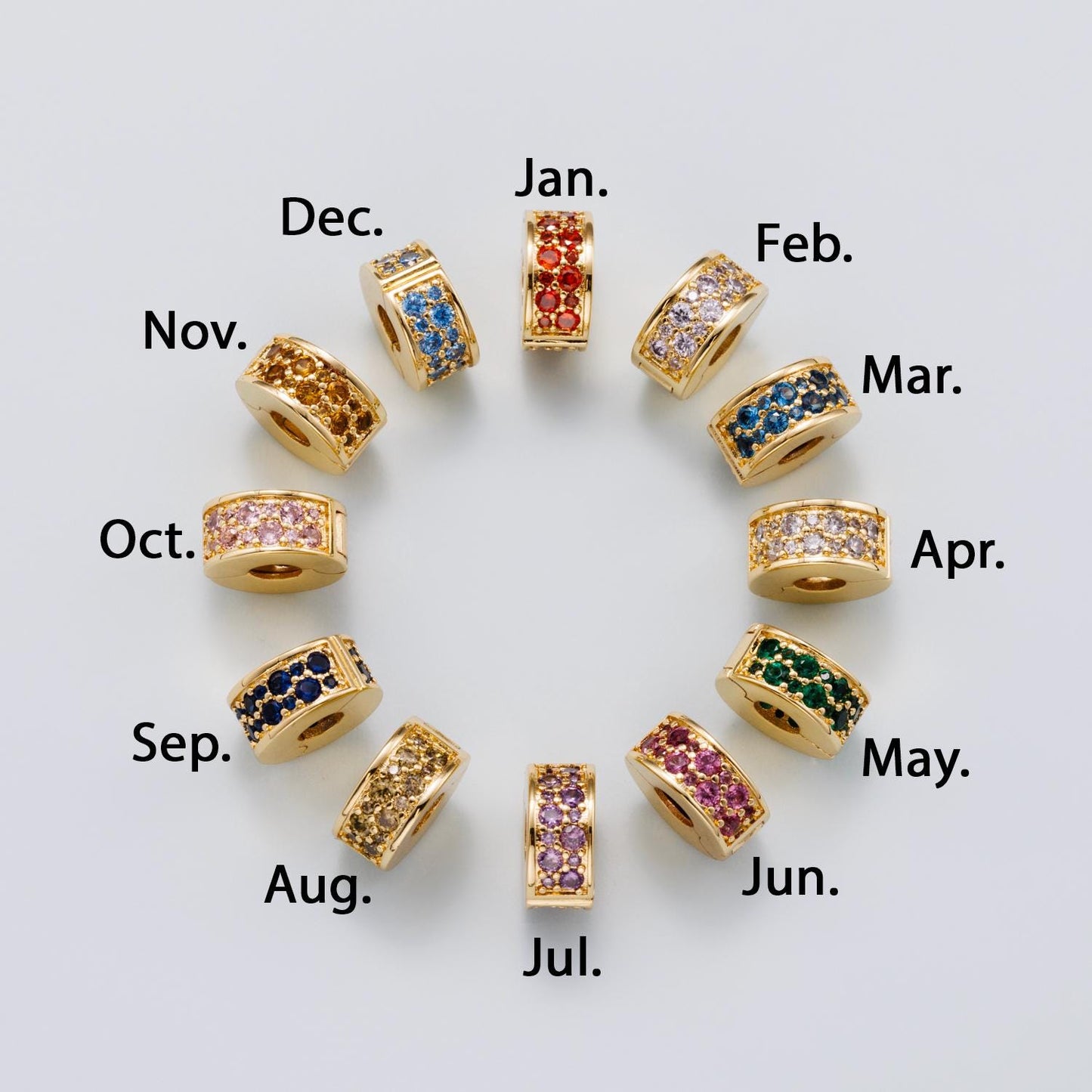 16K Gold Filled 10mm Snap Clip Open Micro Paved CZ Birthstone Spacer Rondelle Personalized Set Dainty Birth Month Gift | Beads-00220