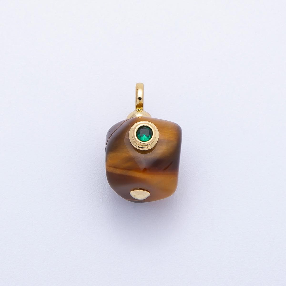 16K Gold Filled 18mm Green CZ Tiger Eye Natural Gemstone Asymmetric Mini Charm Minimalist Earthy Gift Modern Boho Necklace | Charms-00650
