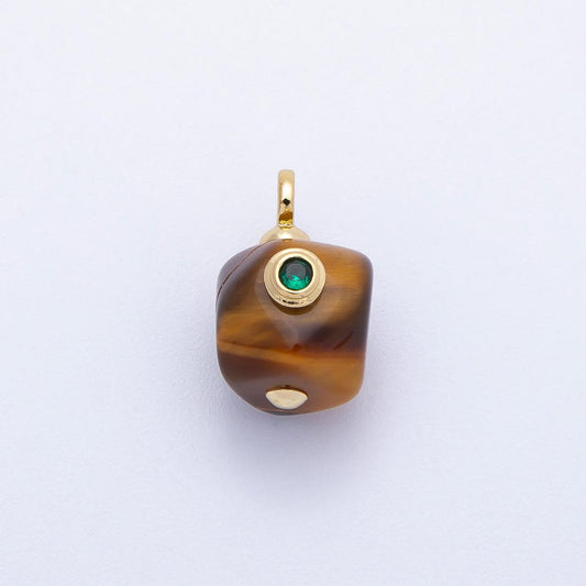 16K Gold Filled 18mm Green CZ Tiger Eye Natural Gemstone Asymmetric Mini Charm Minimalist Earthy Gift Modern Boho Necklace | Charms-00650