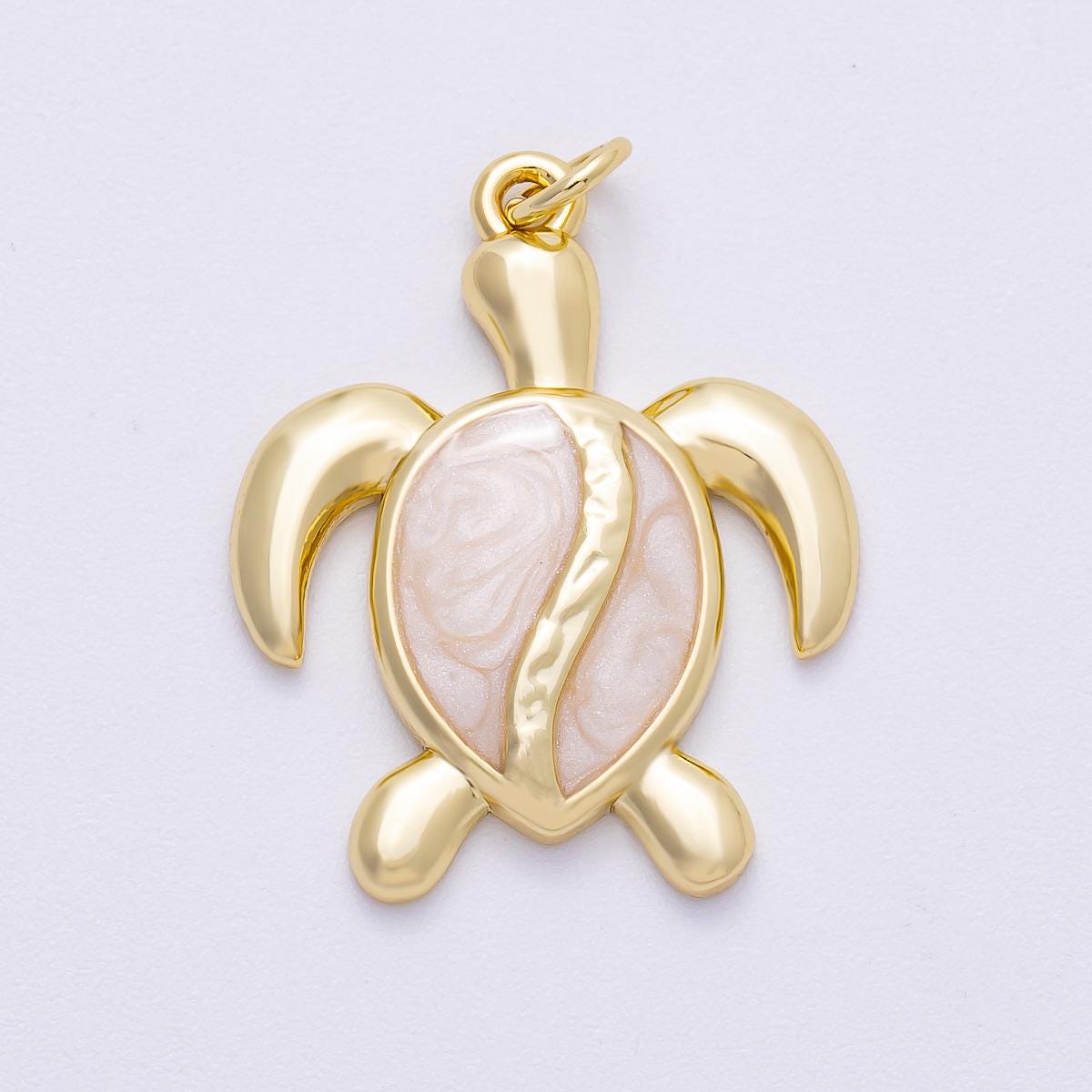 16K Gold Filled 28mm White Enamel Turtle Tortoise Animal Charm pearlescent shell tropical ocean jewelry beach lover gift | Charms-00496