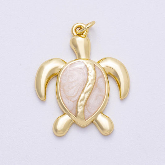16K Gold Filled 28mm White Enamel Turtle Tortoise Animal Charm pearlescent shell tropical ocean jewelry beach lover gift | Charms-00496
