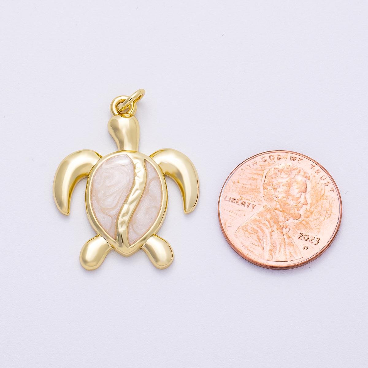 16K Gold Filled 28mm White Enamel Turtle Tortoise Animal Charm pearlescent shell tropical ocean jewelry beach lover gift | Charms-00496