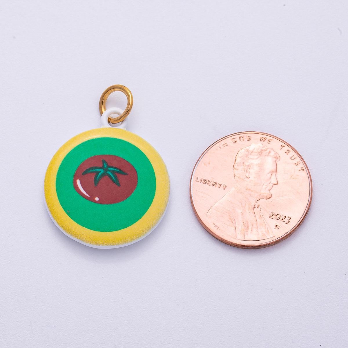 PVD Stainless Steel 23mm Tomato Multicolor Enamel Round Charm Foodie Gift for her Pop art veggie pendant diy supply necklace | Charms-00500