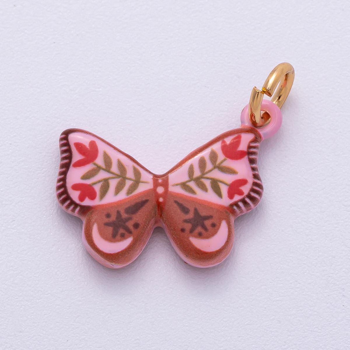 PVD Stainless Steel 18mm Red Pink Enamel Flower Butterfly Charm Celestial Pink Moth Floral Insect Pendant Mariposa Jewelry | Charms-00502