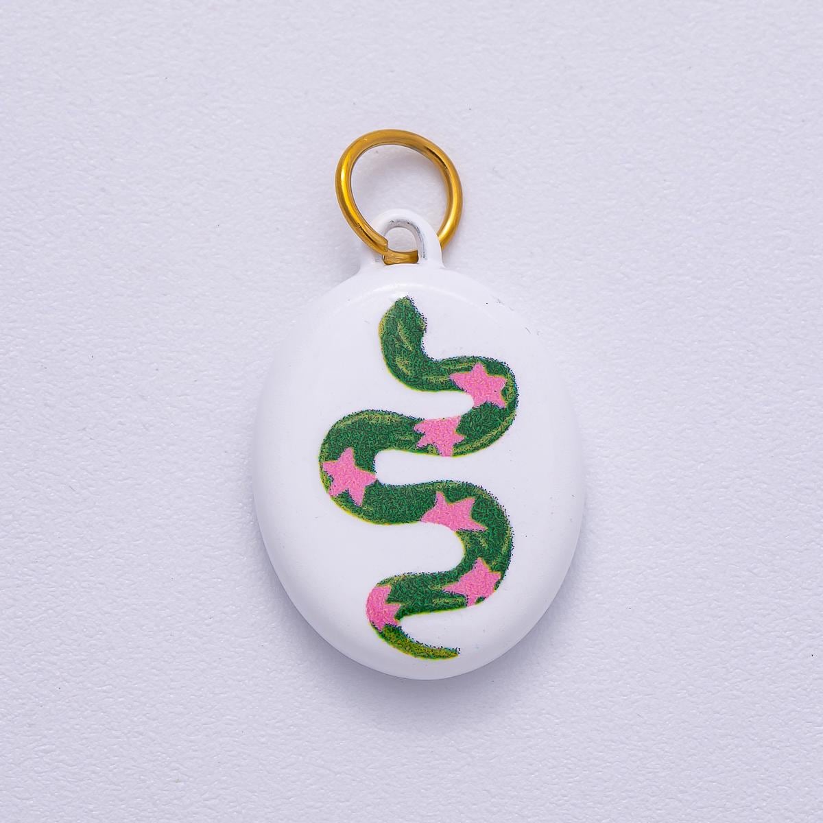 PVD Stainless Steel 20mm Green Snake Pink Star White Enamel Oval Charm Modern Mystic Serpent Pendant DIY Supply Necklace | Charms-00503