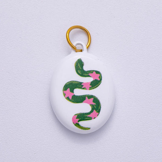 PVD Stainless Steel 20mm Green Snake Pink Star White Enamel Oval Charm Modern Mystic Serpent Pendant DIY Supply Necklace | Charms-00503