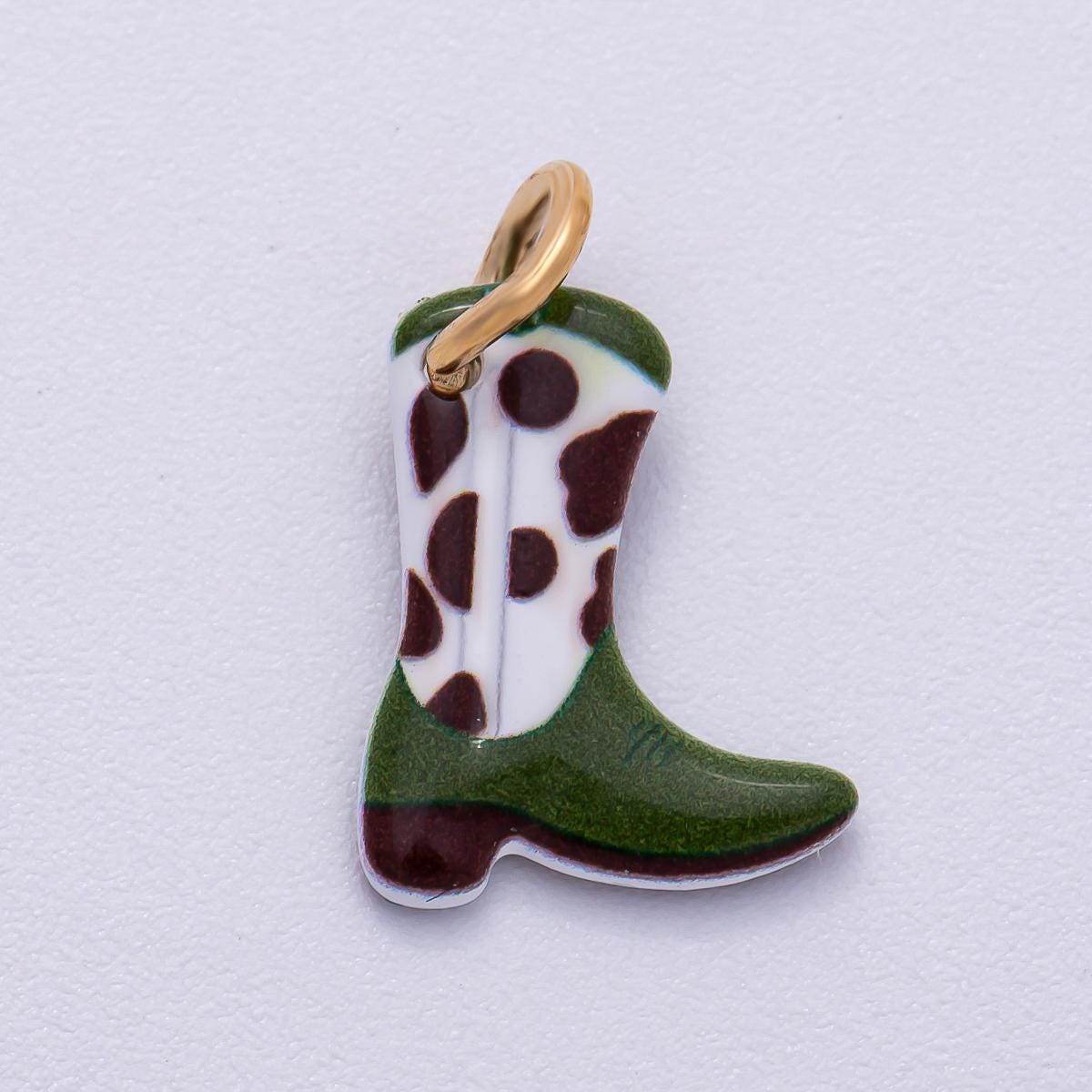 PVD Stainless Steel 15mm Green Cow-Print Cowboy Boots Enamel Charm Western Cowgirl Pendant Jewelry Making Supply | Charms-00507