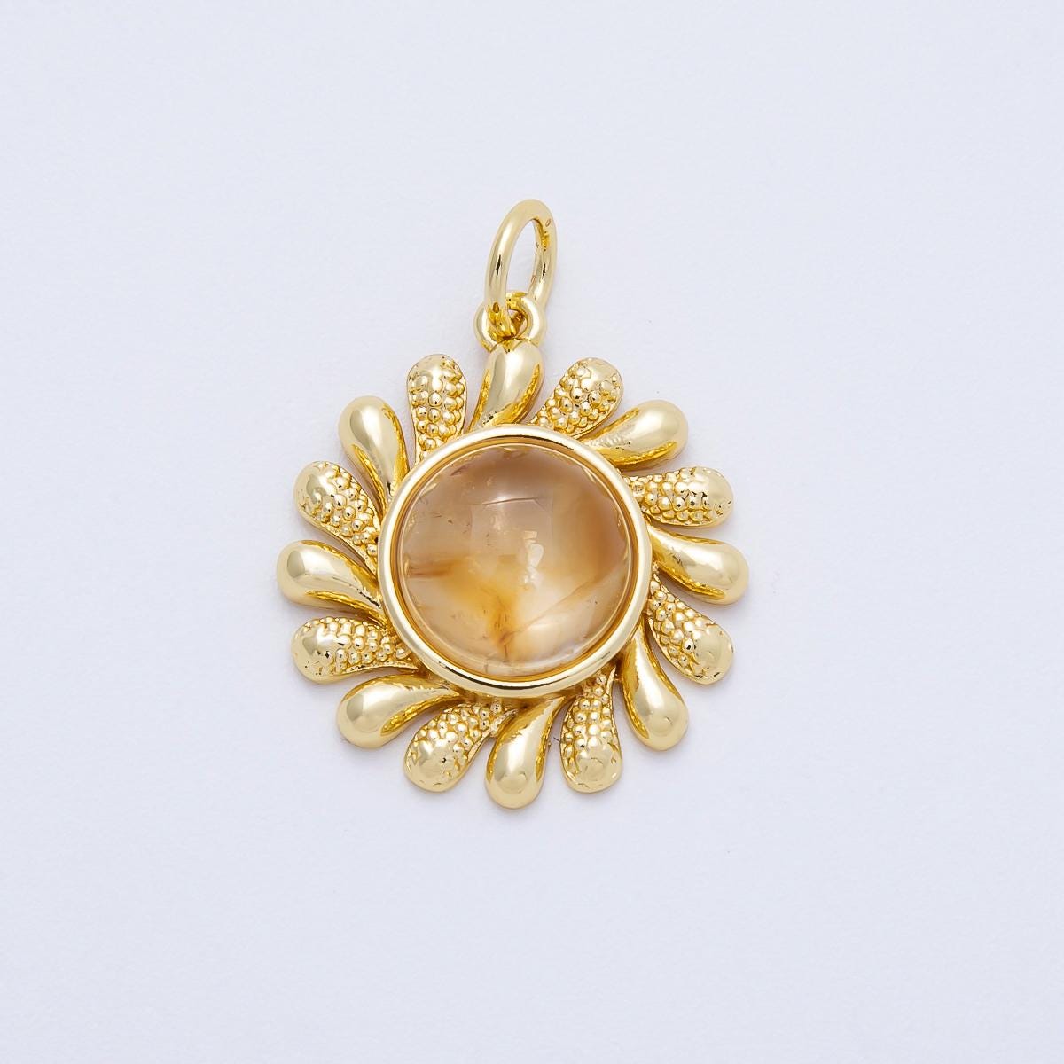 16K Gold Filled 23mm Tourmaline, Citrine Cabochon Gemstone Celestial Sun Ray Charm Textured Boho Sunburst Necklace DIY Supply | Charms-00693