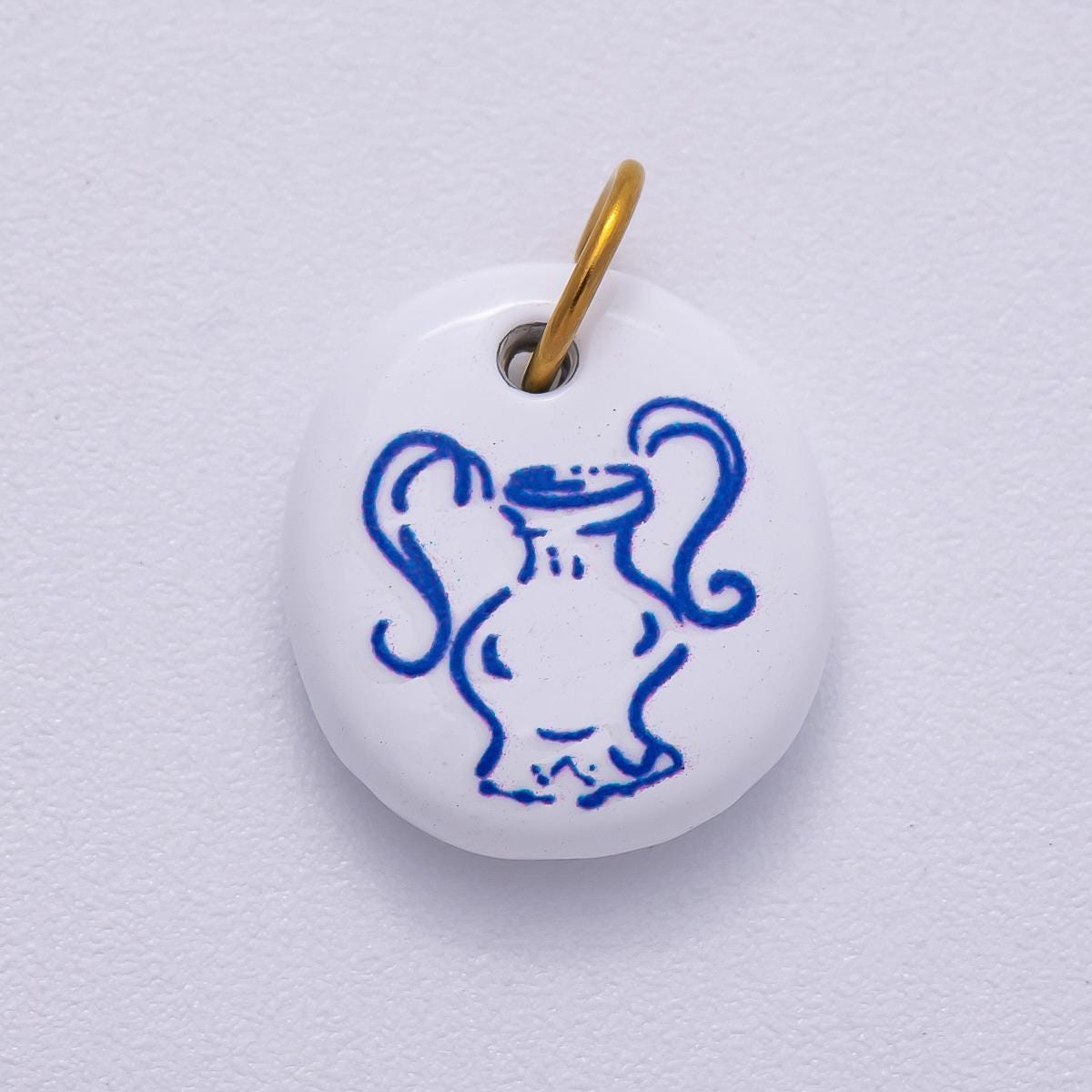 PVD Stainless Steel 14mm White Blue Vase Enamel Round Charm Ceramic Tile Pendant Whimsical Vase Artisan Necklace DIY Supply | Charms-00508