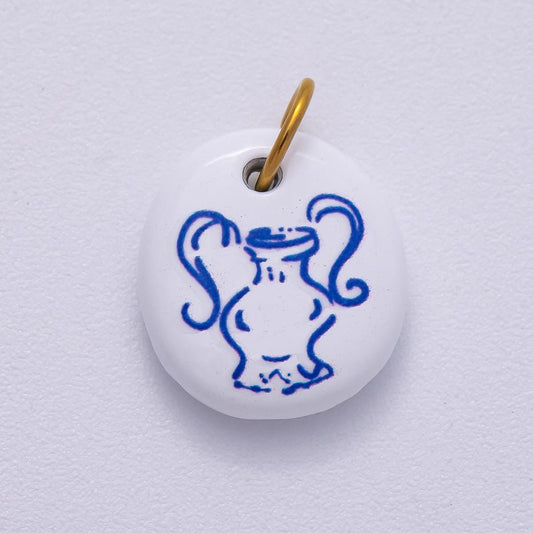 PVD Stainless Steel 14mm White Blue Vase Enamel Round Charm Ceramic Tile Pendant Whimsical Vase Artisan Necklace DIY Supply | Charms-00508