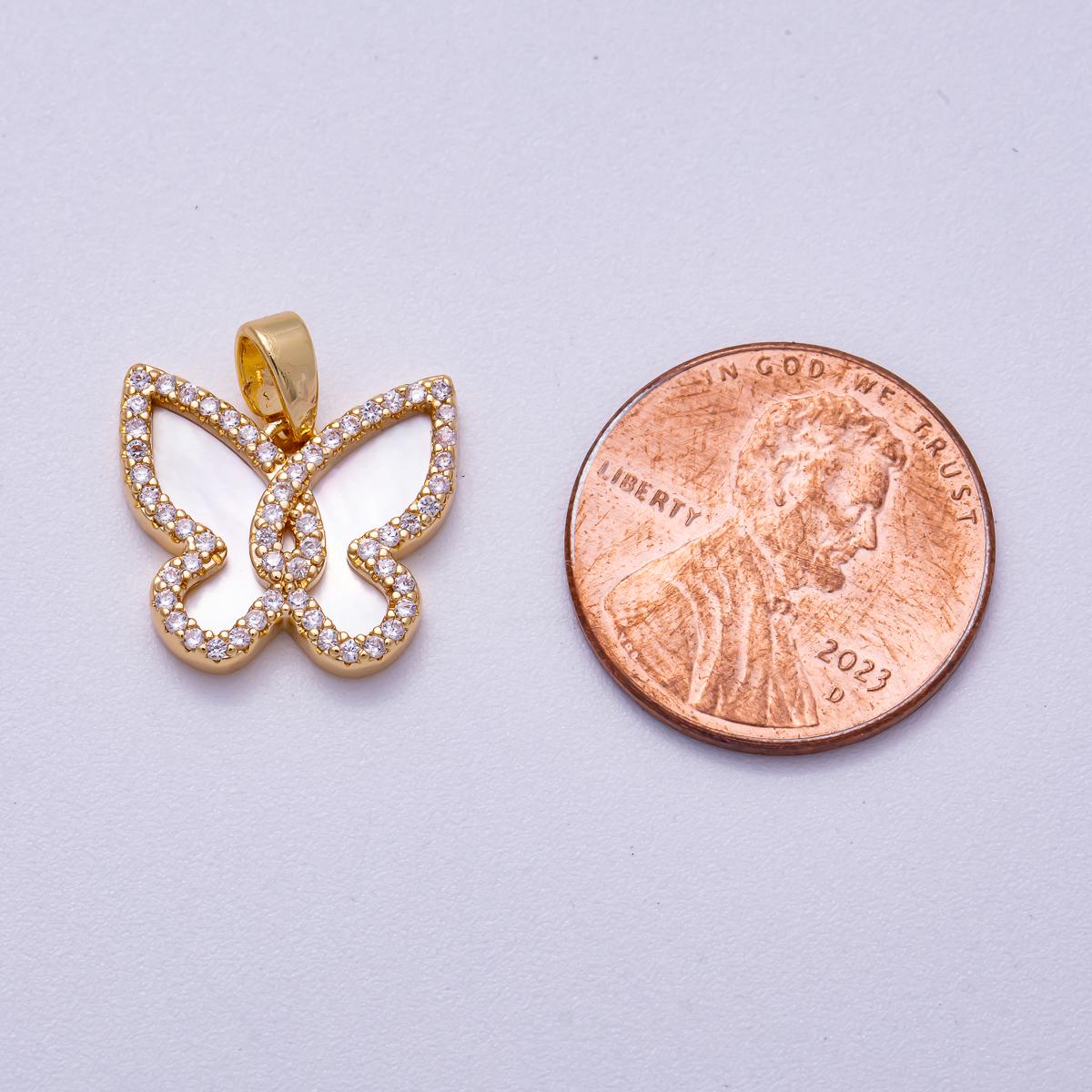 24k gold filled shell pearl micro paved cz butterfly wings pendant | CHARMS-00550