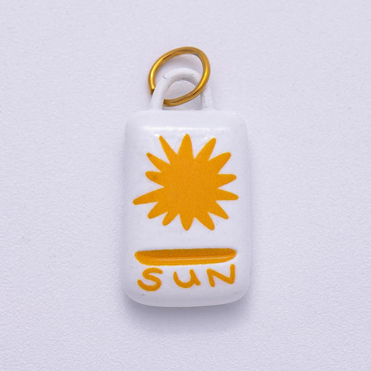 PVD Stainless Steel 22mm Celestial Sun Rectangle Enamel Charm Ceramic Tag Pendant for DIY Jewelry Yellow Sunburst Accessory | Charms-00511