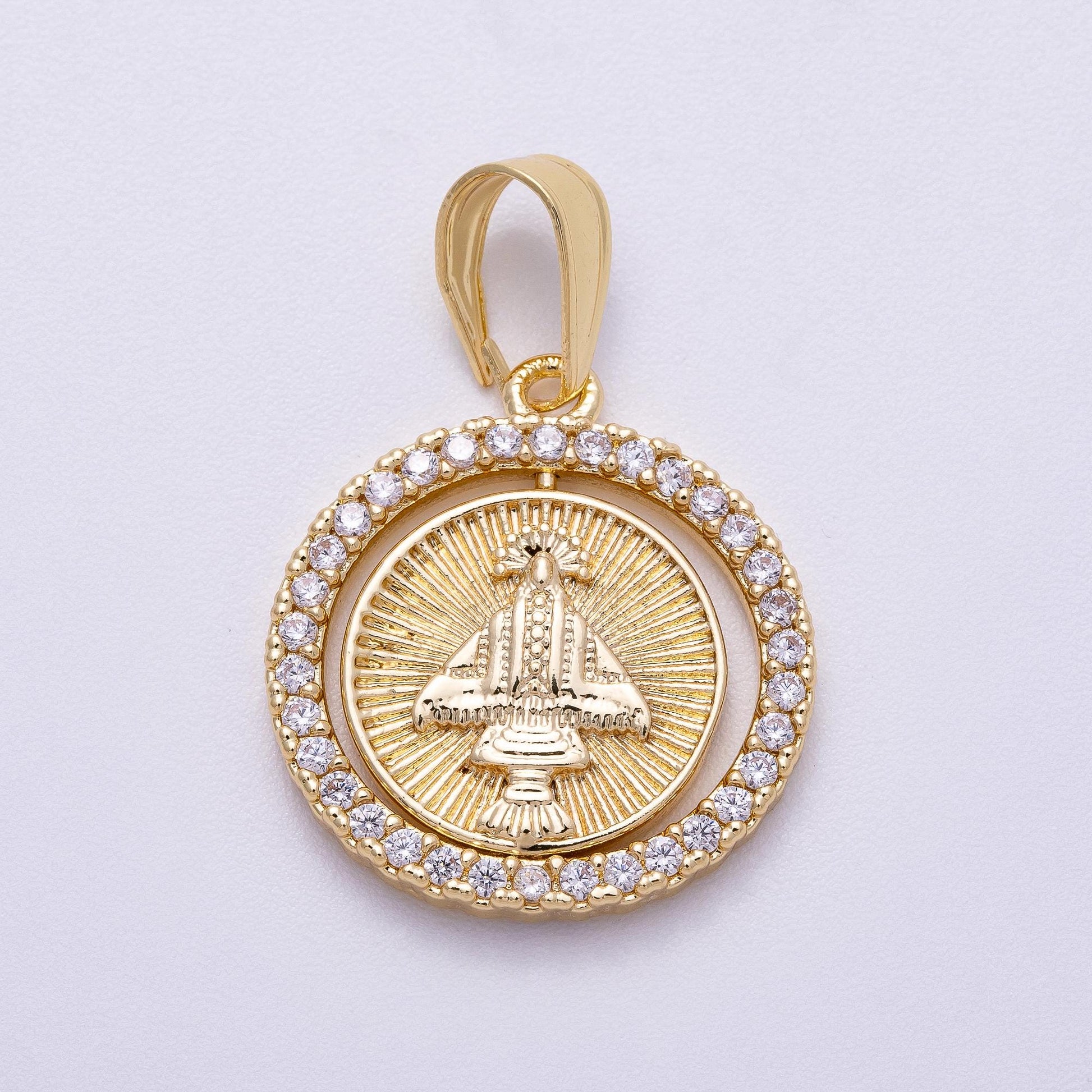 CZ Micro Pave Our Lady of Aparecida – 16k Gold Filled Religious Pendant Medallion for Catholic Jewelry Supply Charms-00562