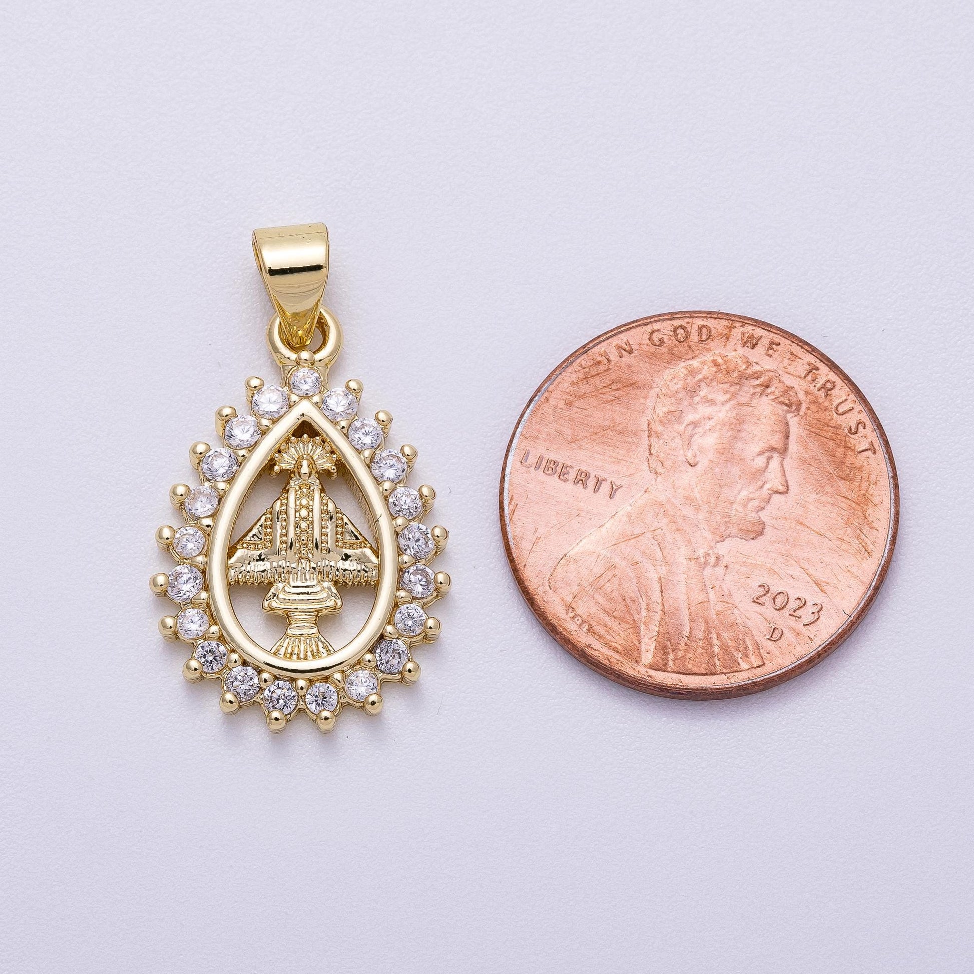Tear Drop CZ Micro Pave Our Lady of Aparecida – 16k Gold Filled Religious Teardrop Pendant Medallion for Catholic Jewelry Supply Charms-566