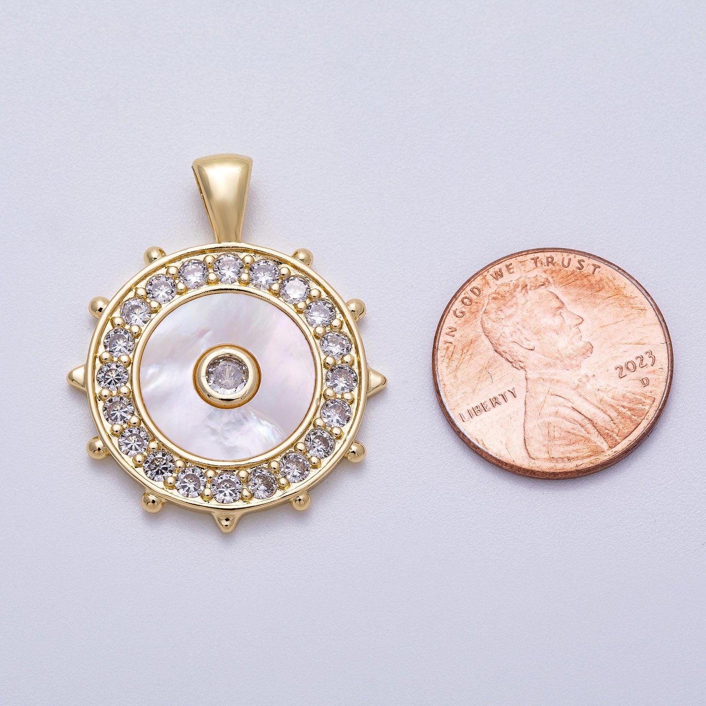 Gold Mother of Pearl Evil Eye Pendant, CZ Diamond Halo Medallion Necklace Charm, Protective Talisman Jewelry Gift Charms-00565