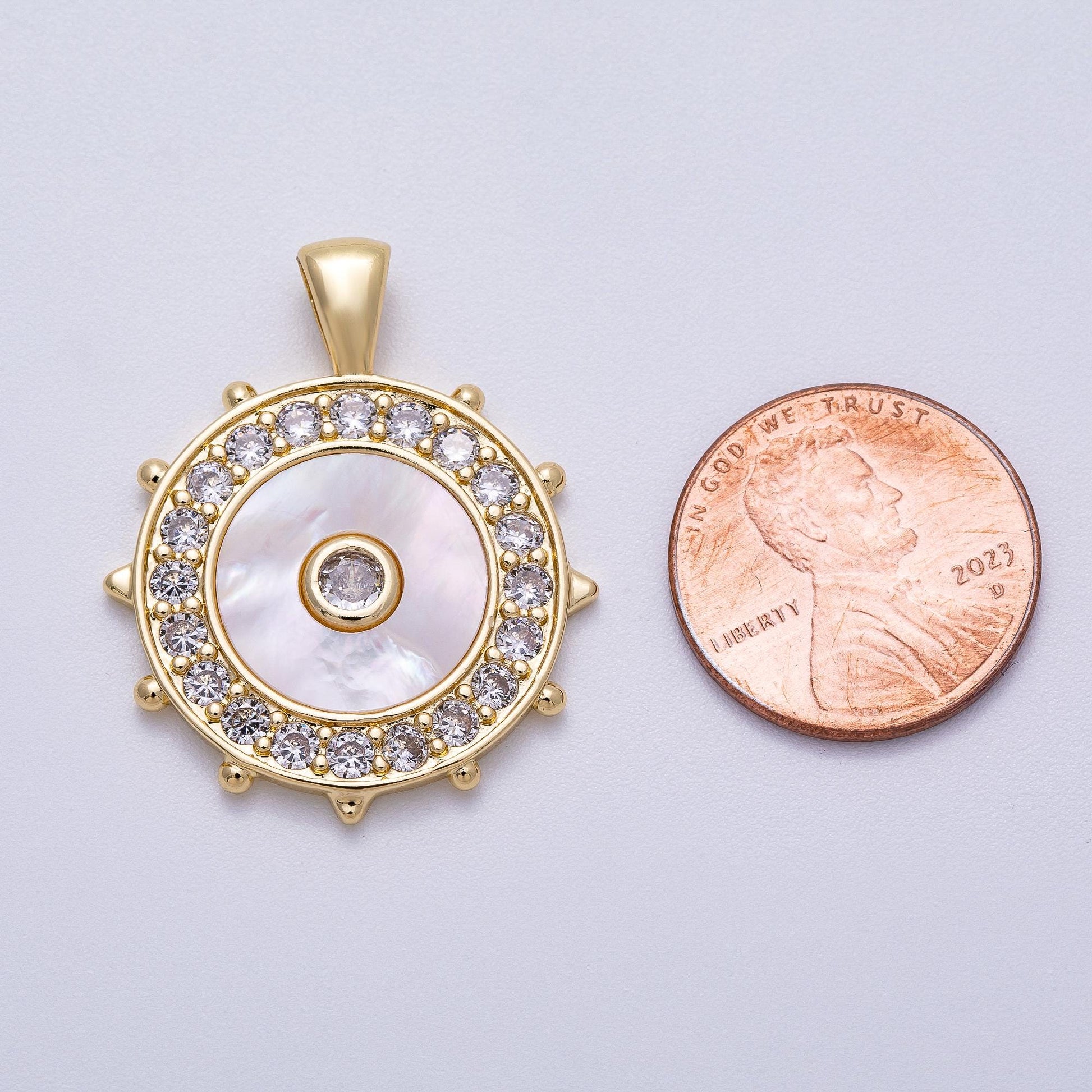 Gold Mother of Pearl Evil Eye Pendant, CZ Diamond Halo Medallion Necklace Charm, Protective Talisman Jewelry Gift Charms-00565