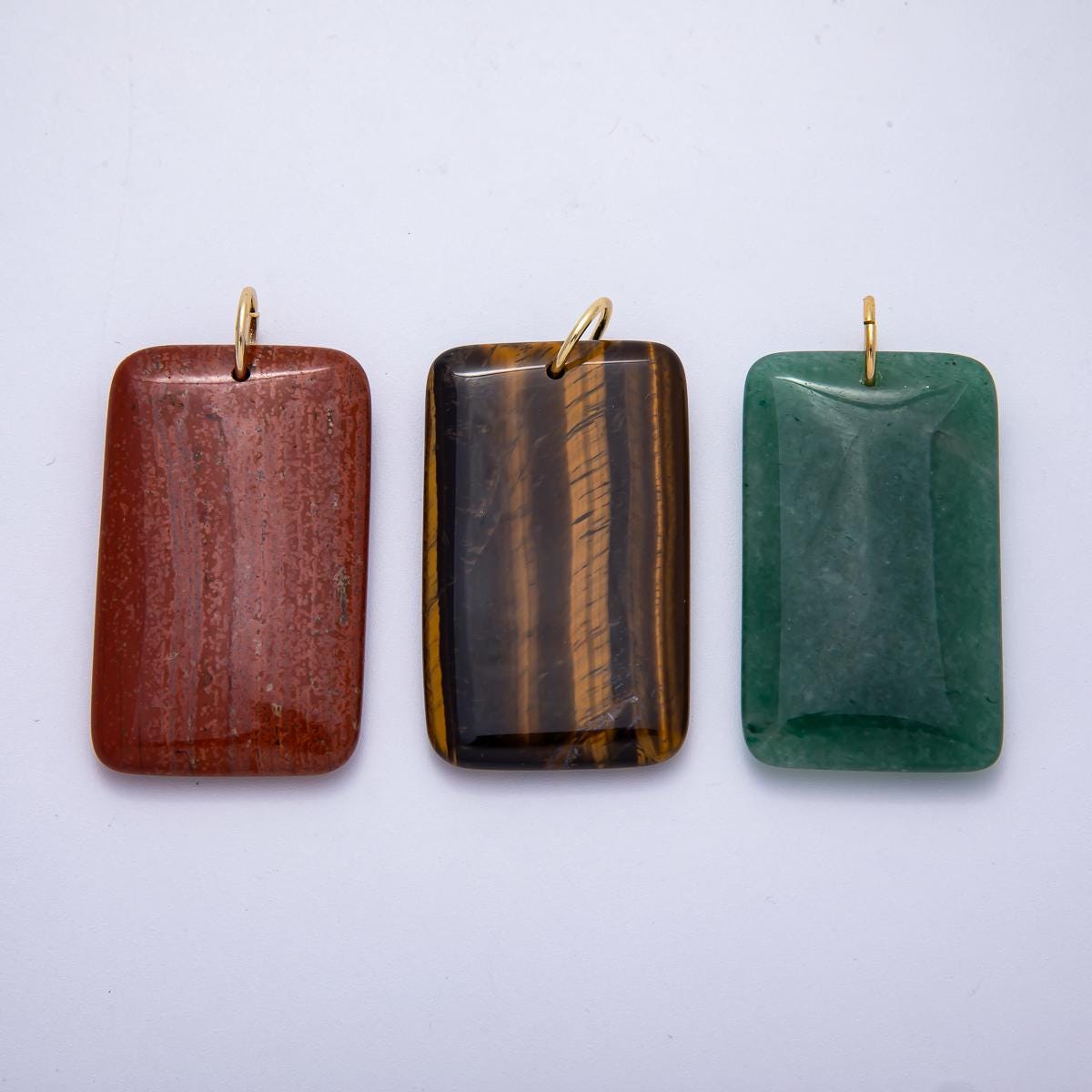 18K Gold Filled 50mm Tiger Eye, Aventurine, Red Jasper Natural Gemstone Rectangle Pendant flat stone charm for diy jewelry | Charms-00530