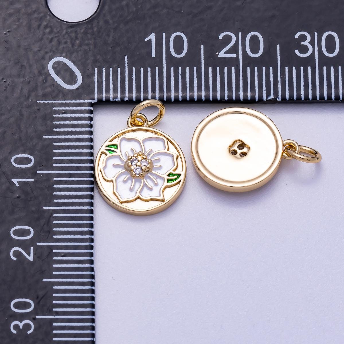 16K Gold Filled 14mm Micro Paved CZ White Enamel Lotus Flower Round Charm Dainty Spring Necklace Pendant DIY Jewelry Supply | Charms-00546
