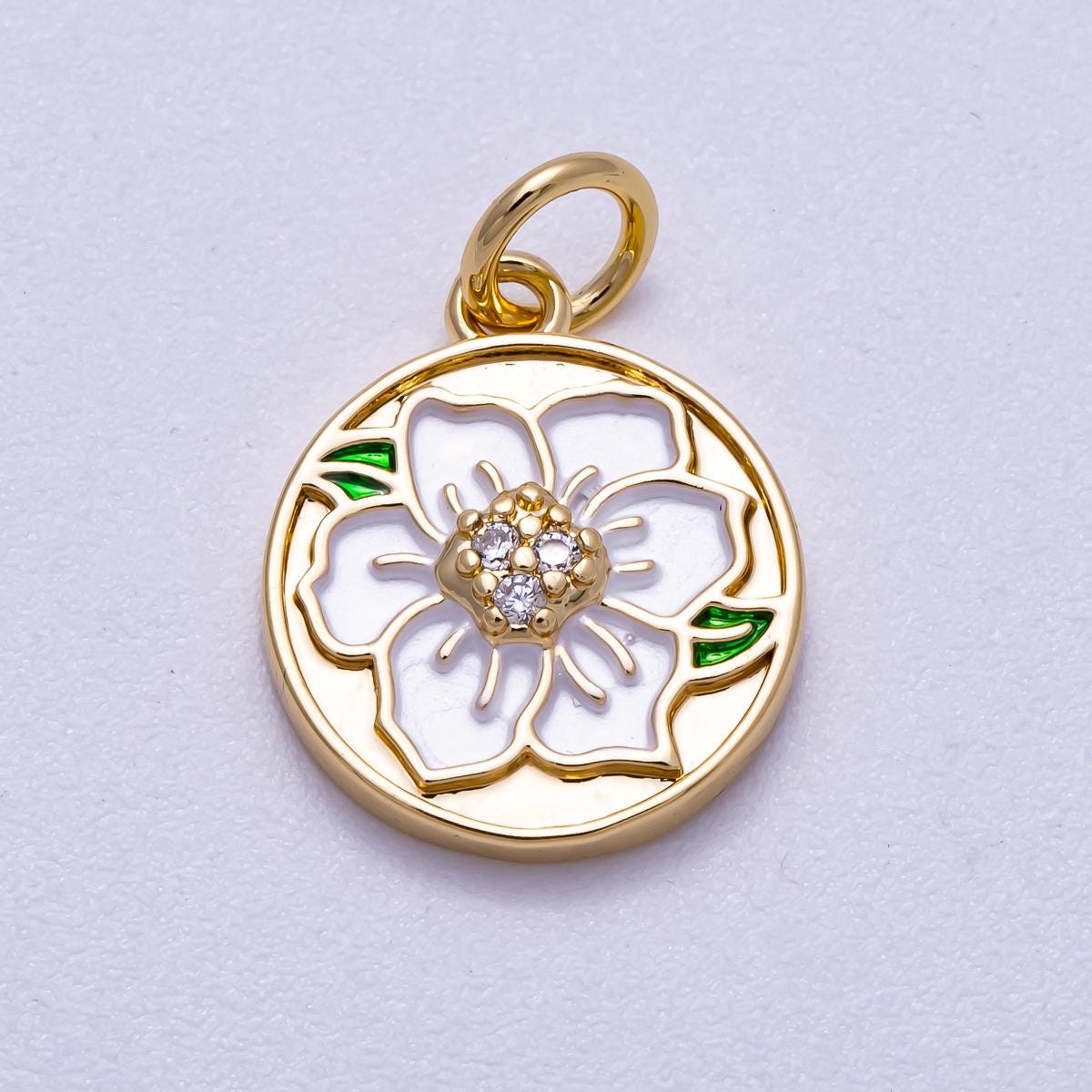 16K Gold Filled 14mm Micro Paved CZ White Enamel Lotus Flower Round Charm Dainty Spring Necklace Pendant DIY Jewelry Supply | Charms-00546