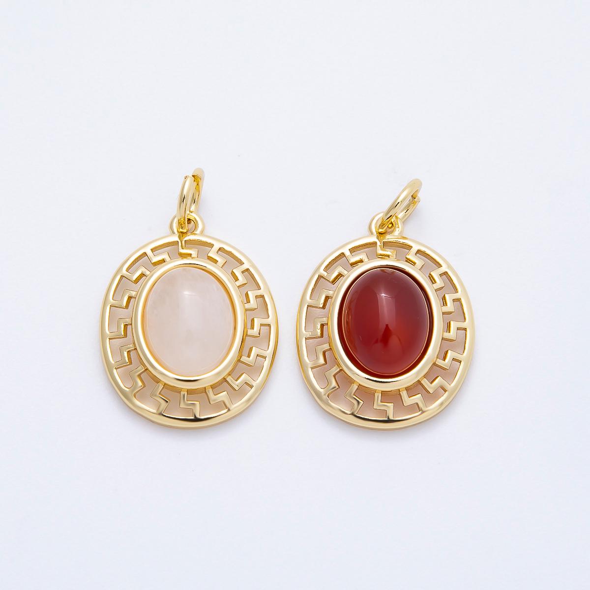 16K Gold Filled 20mm Moonstone, Red Agate Cabochon Gemstone Open Filigree Geometric Bezel Oval Charm DIY Jewelry Supply | Charms-00695