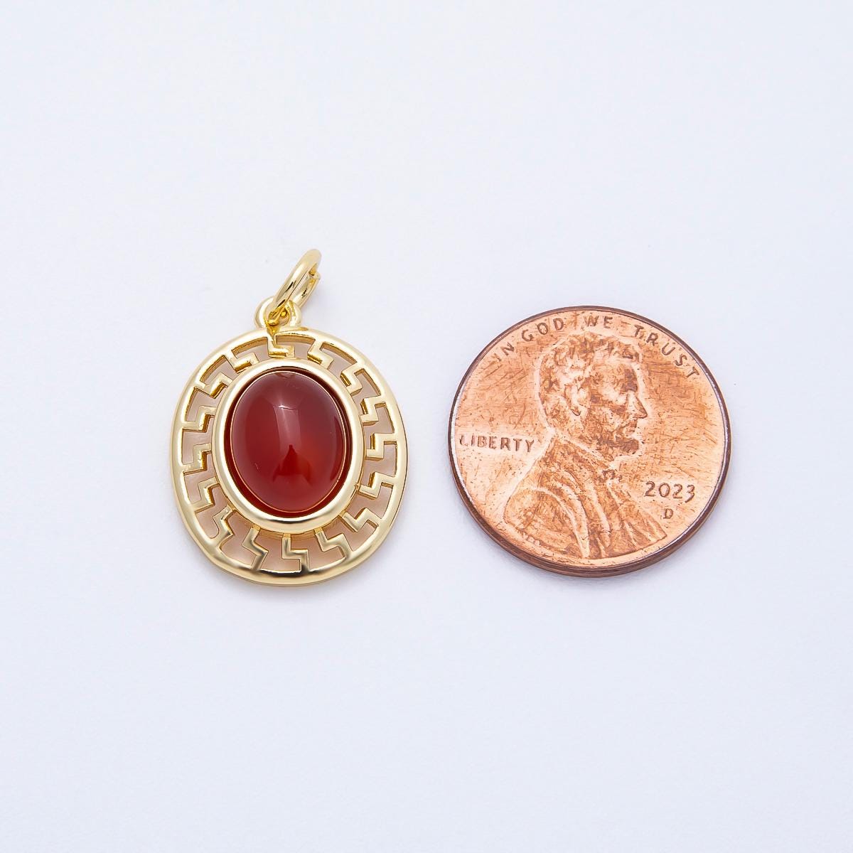 16K Gold Filled 20mm Moonstone, Red Agate Cabochon Gemstone Open Filigree Geometric Bezel Oval Charm DIY Jewelry Supply | Charms-00695