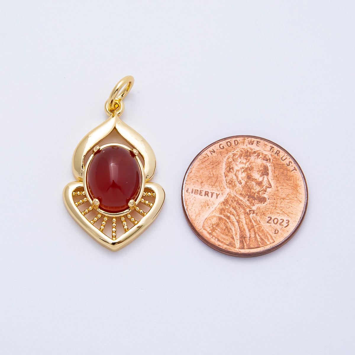 16K Gold Filled 24mm Moonstone, Red Agate Cabochon Gemstone Curved Geometric Charm Vintage Filigree DIY Necklace Finding | Charms-00697
