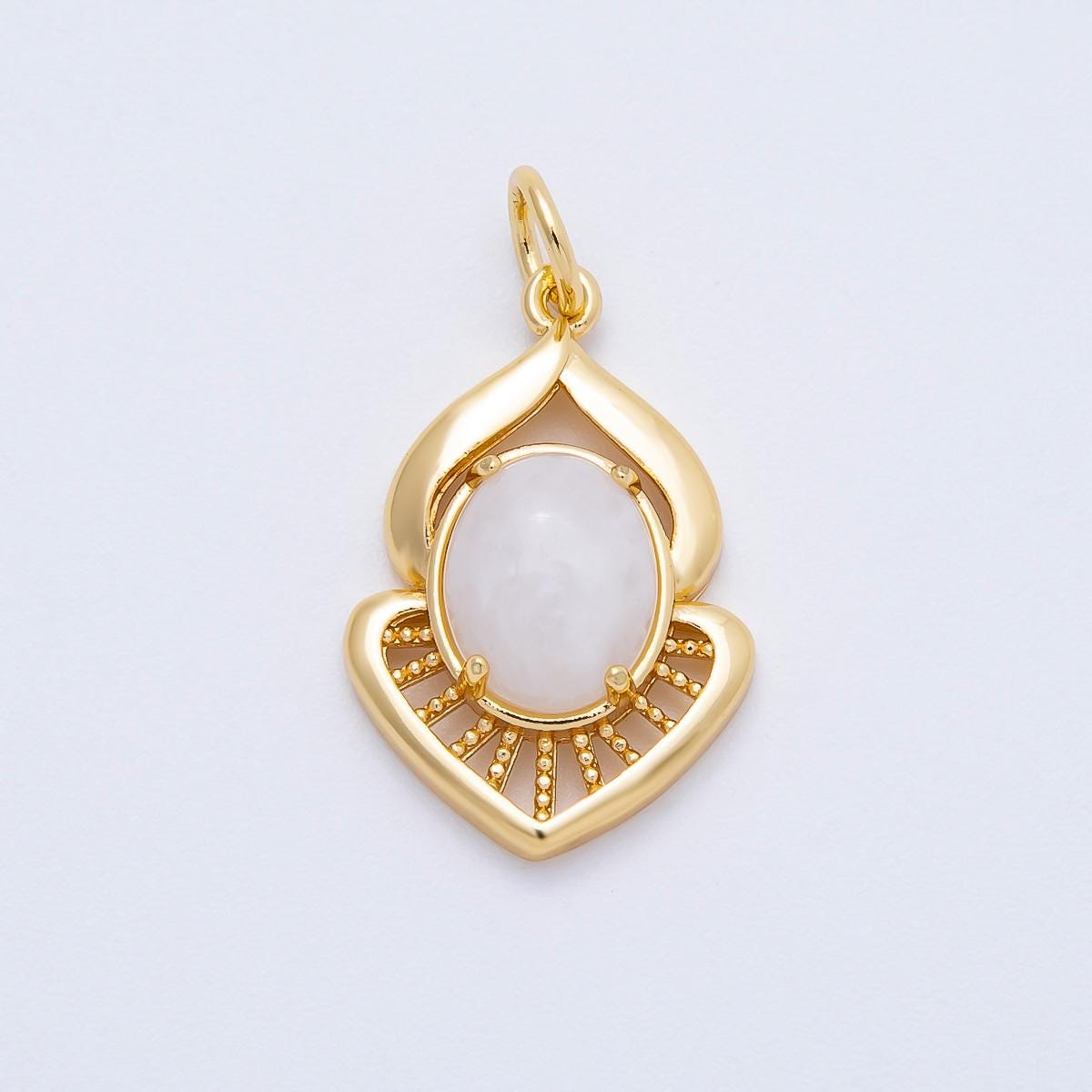 16K Gold Filled 24mm Moonstone, Red Agate Cabochon Gemstone Curved Geometric Charm Vintage Filigree DIY Necklace Finding | Charms-00697