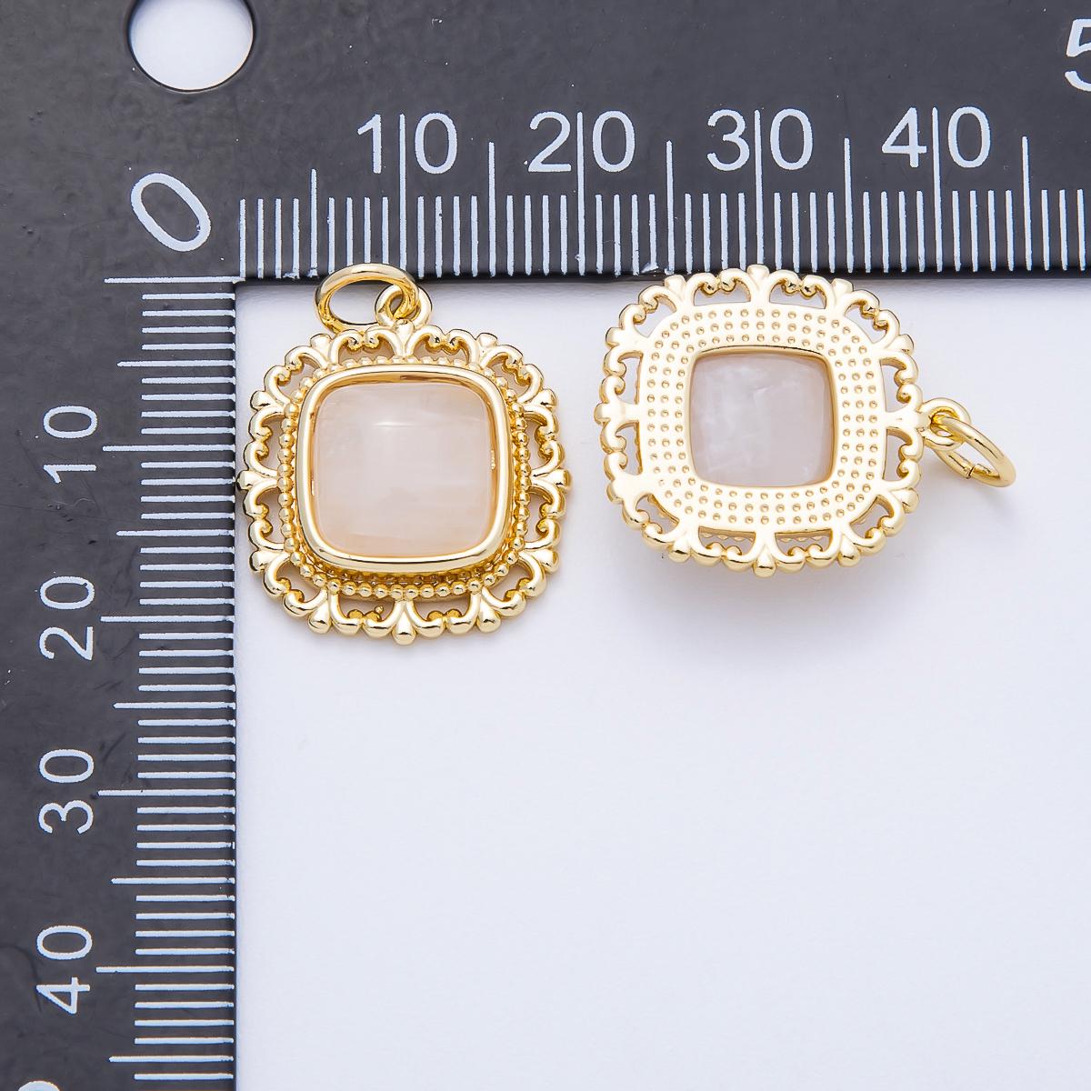 16K Gold Filled 21mm Moonstone Square Gemstone Artisan Bezel Charm Vintage Lace Frame Pendant DIY Supply for Custom Necklace | Charms-00699