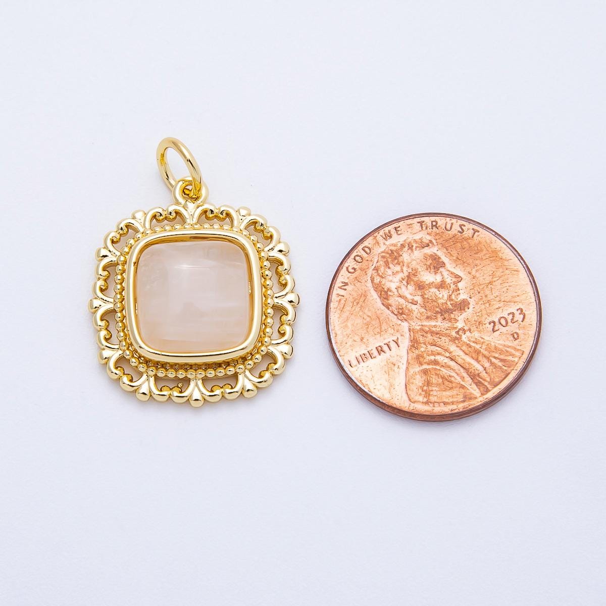 16K Gold Filled 21mm Moonstone Square Gemstone Artisan Bezel Charm Vintage Lace Frame Pendant DIY Supply for Custom Necklace | Charms-00699