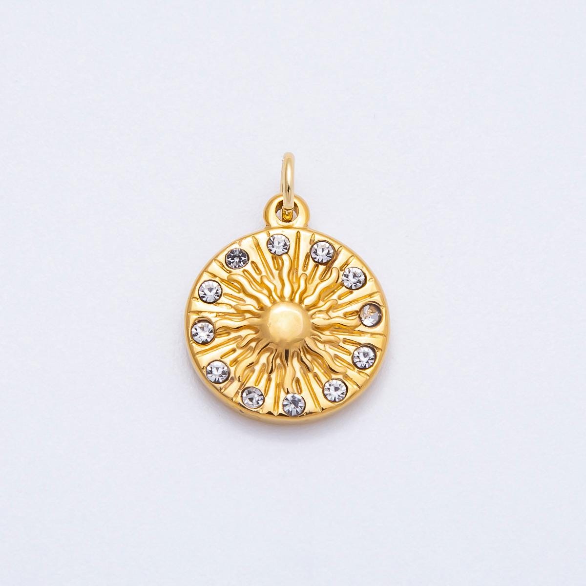 PVD Stainless Steel 16mm Clear CZ Celestial Sunburst Medallion Charm Textured Astrology Jewelry DIY Supply for Necklace | Charms-00708