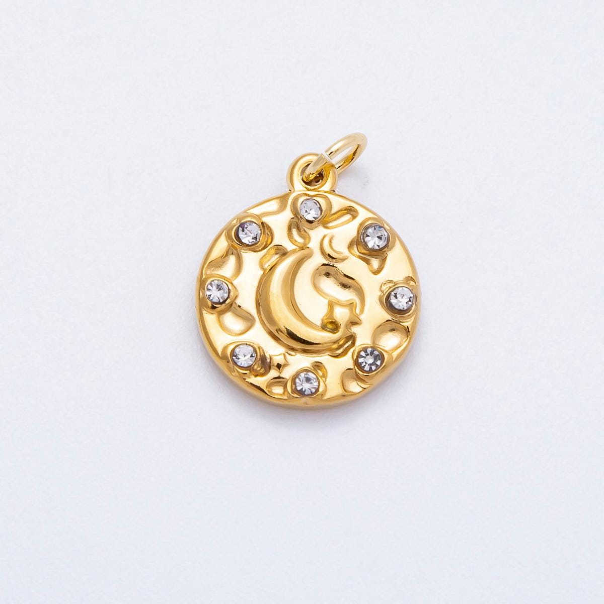 PVD Stainless Steel 16.5mm Celestial Coin Charm with Crescent Moon and Micro Pave cz Crystals DIY Supply Necklace Bracelet | CHARMS-00710