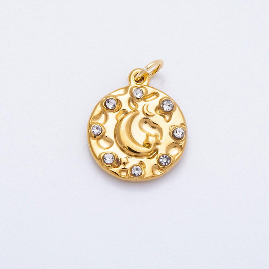 PVD Stainless Steel 16.5mm Celestial Coin Charm with Crescent Moon and Micro Pave cz Crystals DIY Supply Necklace Bracelet | CHARMS-00710