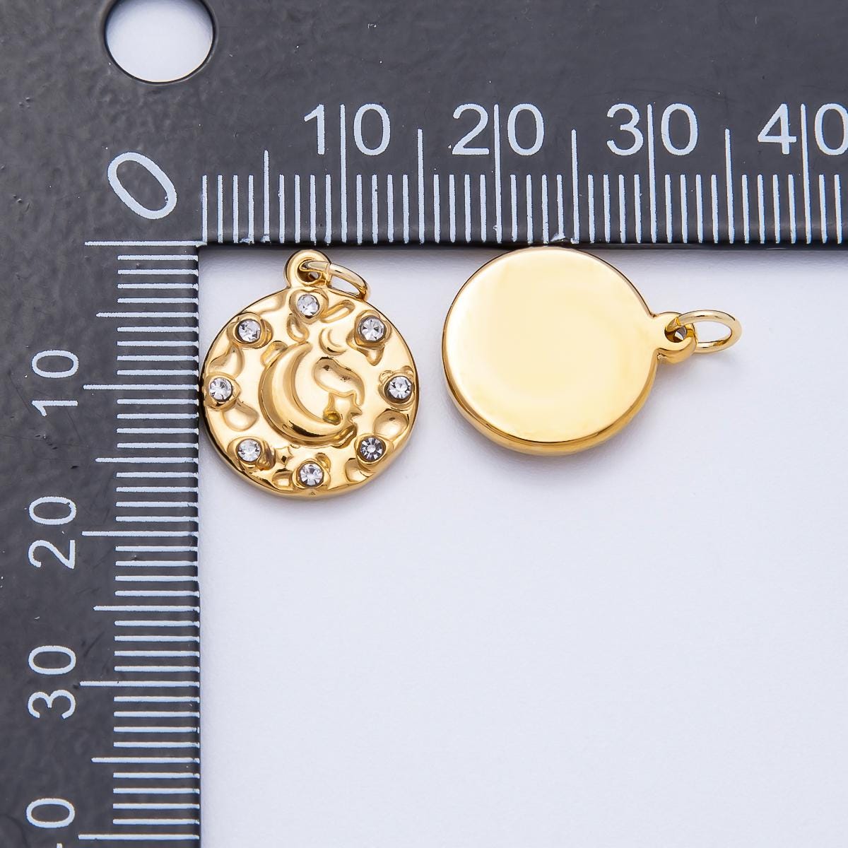 PVD Stainless Steel 16.5mm Celestial Coin Charm with Crescent Moon and Micro Pave cz Crystals DIY Supply Necklace Bracelet | CHARMS-00710