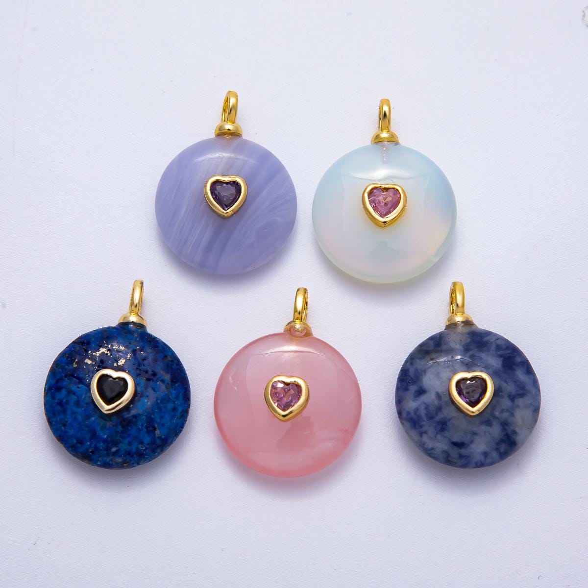 18K Gold Filled 24mm Heart CZ Embedded Natural Gemstone Round Pendant Birthstone Jewelry for DIY Necklace Bracelet Making | Charms-00533